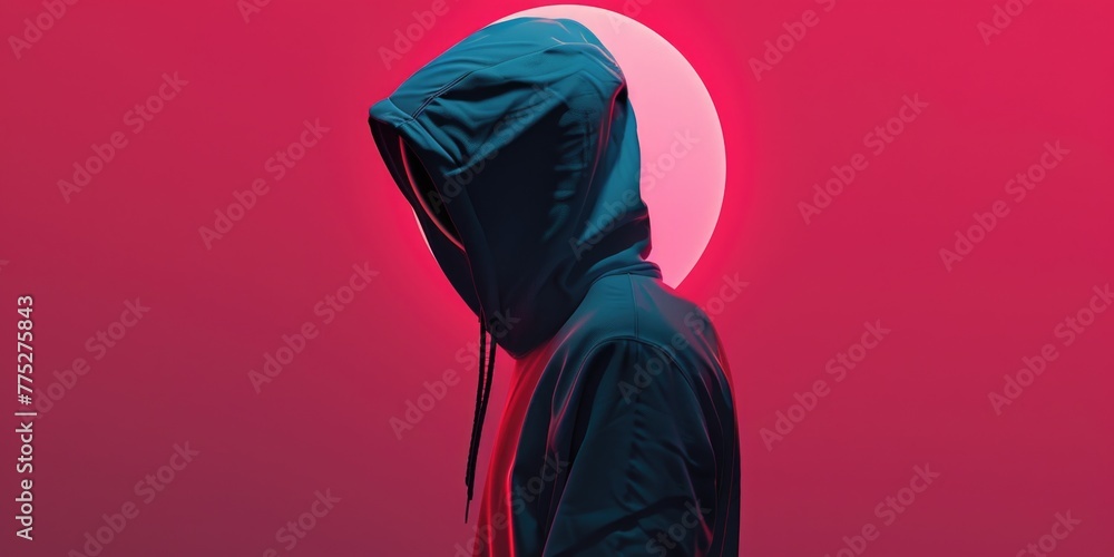 Wall mural Person in hoodie standing in front of a red background, suitable for various uses