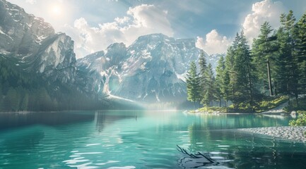 Beautiful lake in the mountains of Italian dolomites Generative AI - obrazy, fototapety, plakaty