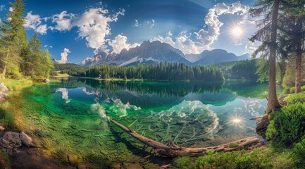 Beautiful lake in the Dolomites of Italy with mountains and trees Panoramic view on a sunny day A stunning nature scene featuring emerald green waters Generative AI