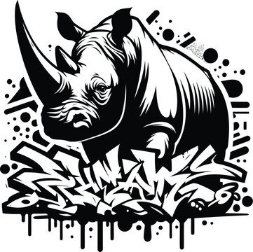 rhino, animal silhouette in graffiti tag, hip hop, street art typography illustration. 