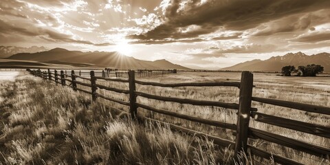 A sepia toned photo of a fence in a field. Suitable for rustic, vintage, or nature themed designs - obrazy, fototapety, plakaty