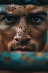 Close-up of a man with dirt on his face, suitable for various projects