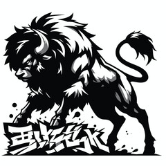 buffalo, bison, animal silhouette in graffiti tag, hip hop, street art typography illustration. 