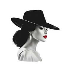 elegant woman wearing hat - black and white stylized portrait of a beautiful girl with long hair.	
