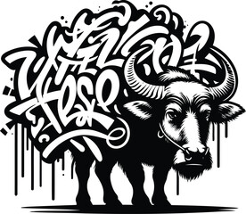 buffalo, bison, animal silhouette in graffiti tag, hip hop, street art typography illustration. 