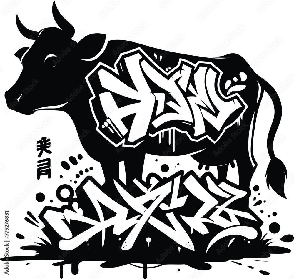 Wall mural cow, bull, animal silhouette in graffiti tag, hip hop, street art typography illustration.