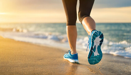Dynamic shot of woman's legs in sports shoes sprinting on sandy beach during summer getaway....