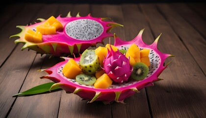 Mix tropical fruits salad served in half a dragon fruit on wooden table