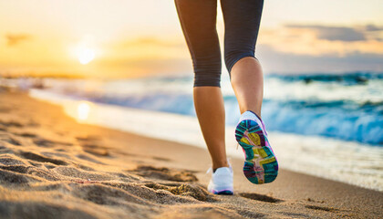 Dynamic shot of woman's legs in sports shoes sprinting on sandy beach during summer getaway. Energy, fitness, vacation concept