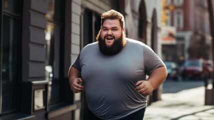 Obraz premium Plump man in sportswear at jogging workout on asphalt path on the city street. Fat man Improves physical health burning fat with thirst to lose weight. Active lifestyle and monitoring appearance