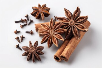 Fresh star anise on a clean white background, perfect for culinary or herbal concepts
