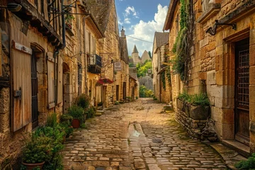  A scenic cobblestone street in a charming European village. Perfect for travel brochures or historical articles © Fotograf