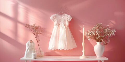 White dress hanging on a pink wall, perfect for fashion or interior design projects
