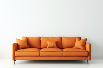 Modern orange couch against a minimalist white wall. Suitable for home decor ads