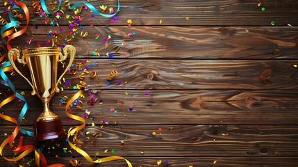 A golden trophy cup adorned with streamers, presented on a wooden background in a top view orientation, with space provided for text.
