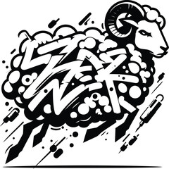goat, sheep, animal silhouette in graffiti tag, hip hop, street art typography illustration. 