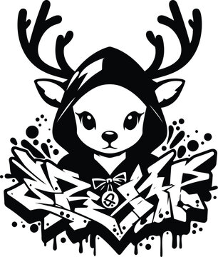 moose, deer with antler, animal silhouette in graffiti tag, hip hop, street art typography illustration. 