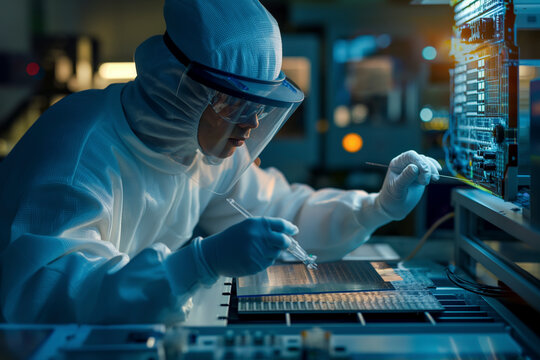 Technician inspecting circuitry in a high-tech lab.