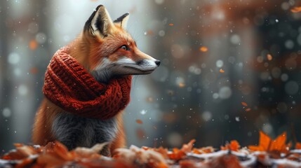 A fox wearing a scarf is sitting on the ground, AI - Powered by Adobe
