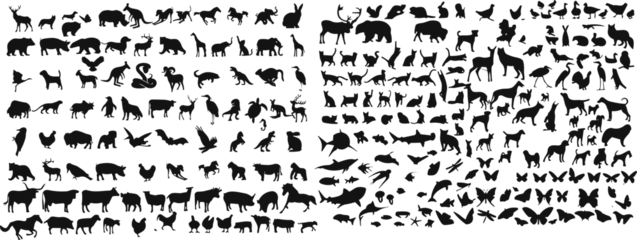 Fotobehang animals silhouette set. Big mammals collection. Livestock and poultry icons. Rural landscape. Group of animal of forest or wild. Sea animal and birds © Faisal
