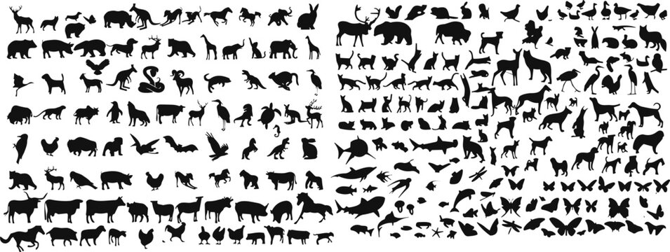 animals silhouette set. Big mammals collection. Livestock and poultry icons. Rural landscape. Group of animal of forest or wild. Sea animal and birds