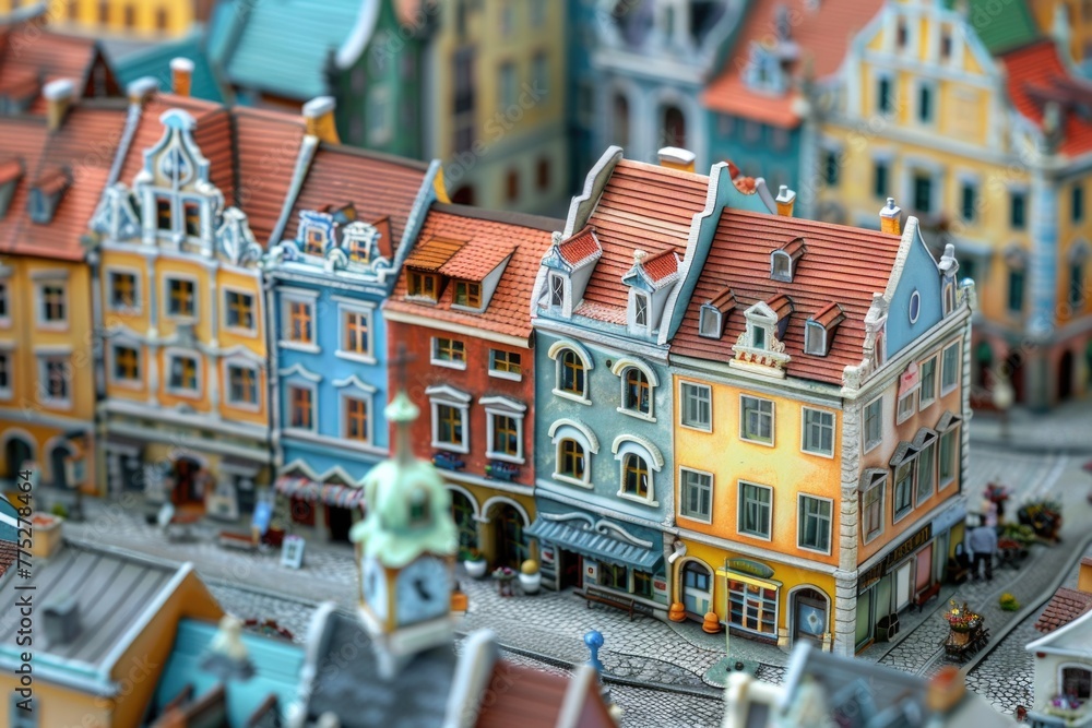 Poster detailed miniature model of a town with a clock tower. perfect for architectural projects