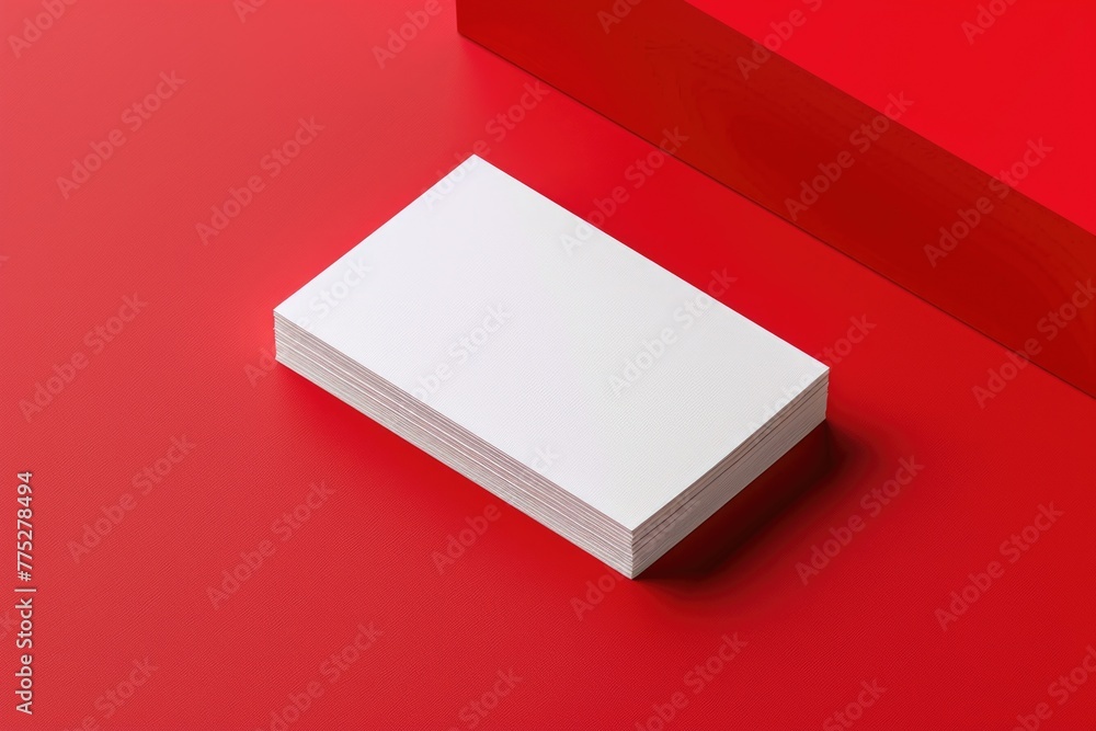 Poster stack of white business cards on red surface. suitable for business and office concepts