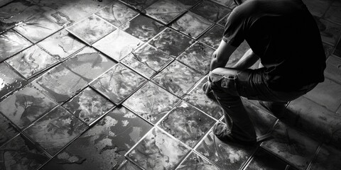 A person sitting on a tiled floor, suitable for various concepts