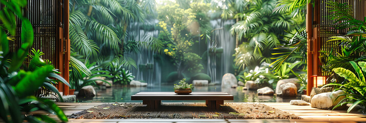 Tranquil Garden Scene with Wooden Bench Amidst Lush Greenery, Reflective Water, and Stone Path - obrazy, fototapety, plakaty