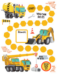 Construction reward chart for girls and boys. Building machines reward chart. Table of behavior and routine work of kids. Vector illustration. - 775278610