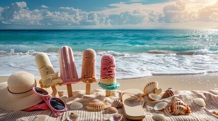 Assorted popsicles melt under the sun on a sandy beach adorned with seashells, a straw hat, and sunglasses, embodying the essence of summer leisure. - obrazy, fototapety, plakaty