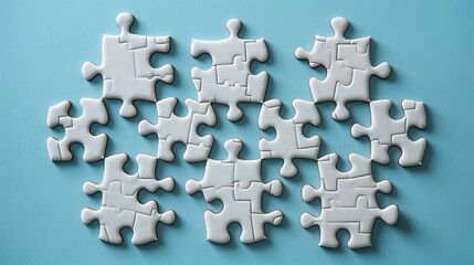 A top view of a white, unfinished jigsaw puzzle on a blue background symbolizes completing tasks or solving problems.