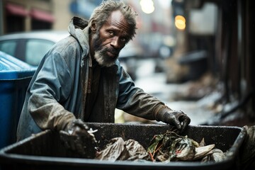 A man with a beard is standing next to a trash can, possibly scavenging for items or food. The man appears to be homeless and is searching through the trash receptacle