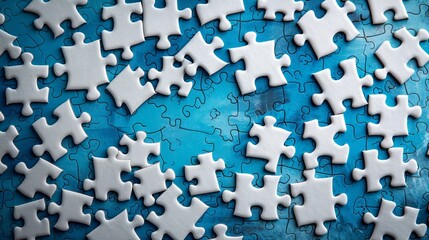 A top view of a white, unfinished jigsaw puzzle on a blue background symbolizes completing tasks or solving problems.