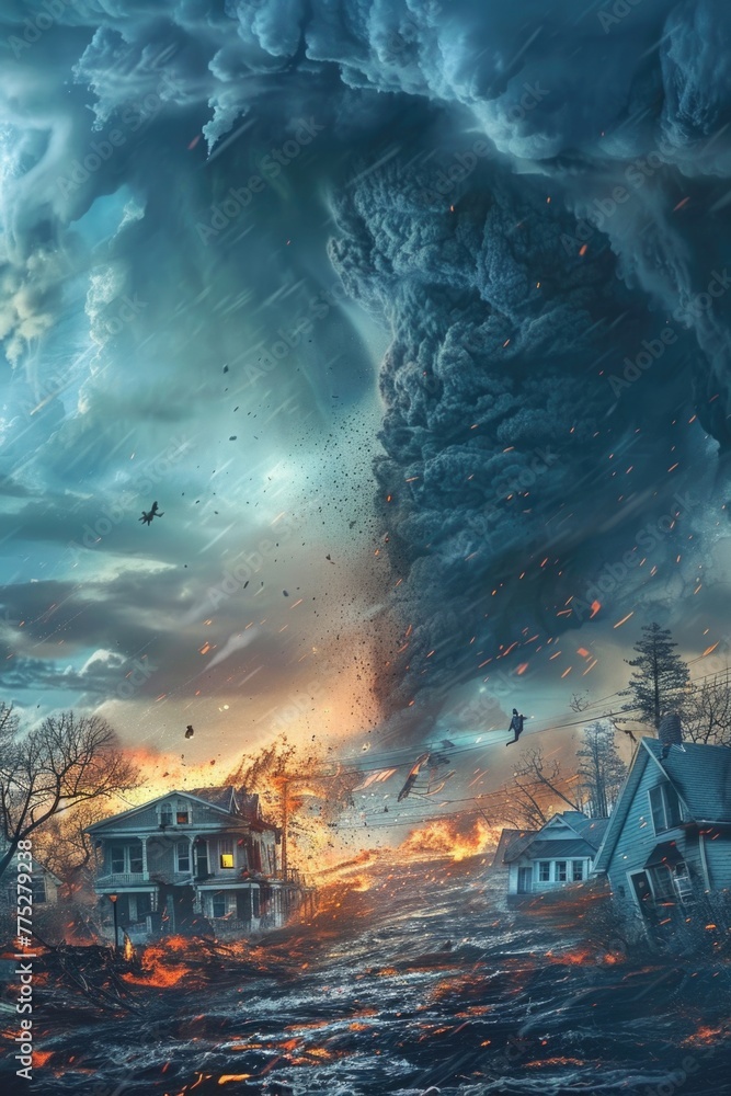 Poster a large tornado emerging from the sky, ideal for weather-related projects