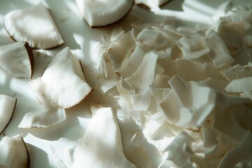 Fresh sliced coconut on a white plate, perfect for food and tropical themed designs