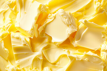 Closeup view showcases a yellow texture of creamy butter or margarine as background - obrazy, fototapety, plakaty