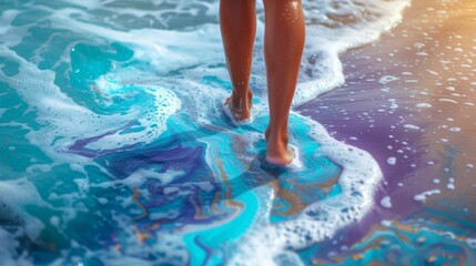 A close up of a woman's feet walking on the beach, AI