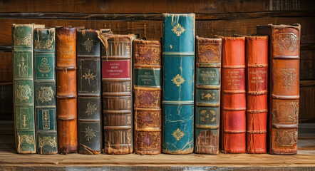 Vintage wooden bookshelf with a row of old books against a rustic wooden wall