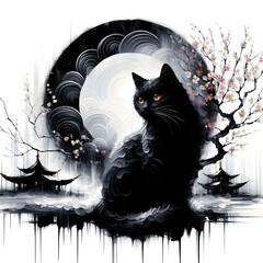 Black cat with white background in Japanese style.
