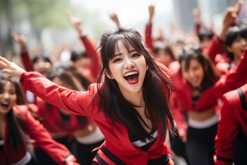A K-pop dance cover flash mob taking over a busy city square, spreading joy and excitement through...
