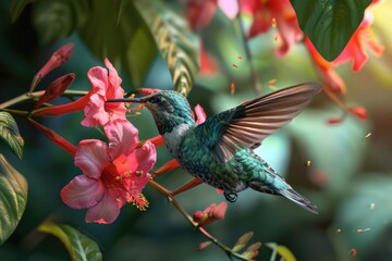 A beautiful hummingbird perched on a pink flower. Perfect for nature and wildlife themes