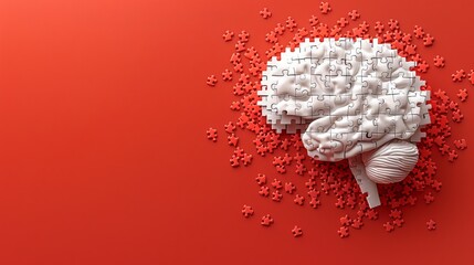 Brain-shaped white jigsaw puzzle on an orange background, highlighting a missing piece and symbolizing mental health and memory issues. - obrazy, fototapety, plakaty