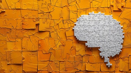Brain-shaped white jigsaw puzzle on an orange background, highlighting a missing piece and symbolizing mental health and memory issues.