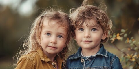 Two children standing side by side, suitable for family and childhood concepts - obrazy, fototapety, plakaty