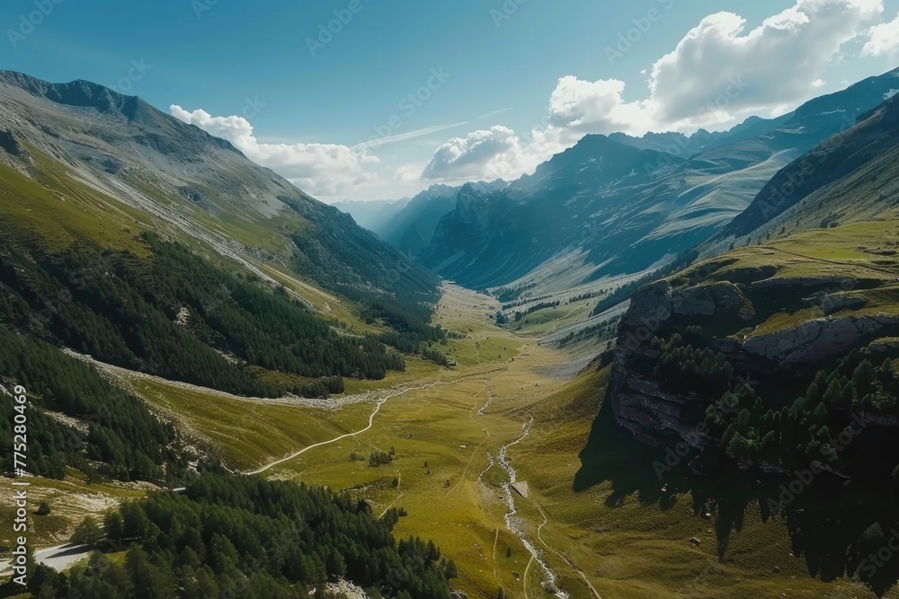 Aufkleber a serene valley nestled in a mountain range. suitable for nature and travel concepts