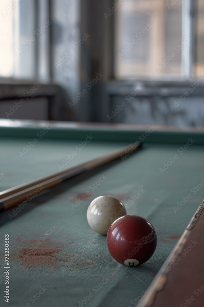 Poster A pool table with two balls and a cue. Perfect for sports and leisure concepts