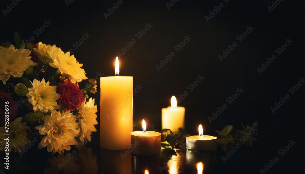 Wall mural burning candles and flowers on black background with space for text an obituary, list of dead. funer