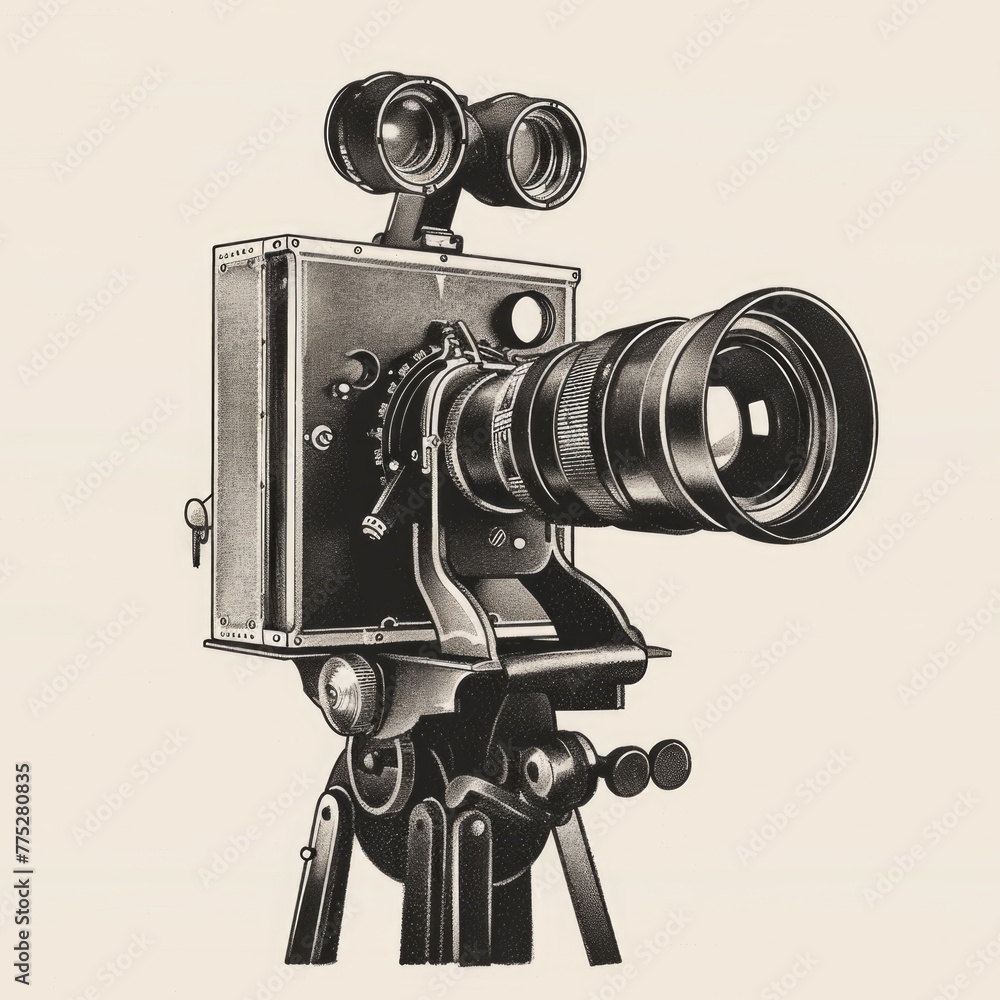 Poster black and white drawing of a camera on a tripod. suitable for photography and art projects