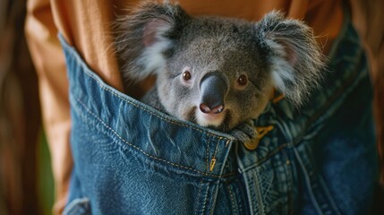 A cute koala peeking out of a pocket, perfect for animal lovers and wildlife enthusiasts - obrazy, fototapety, plakaty